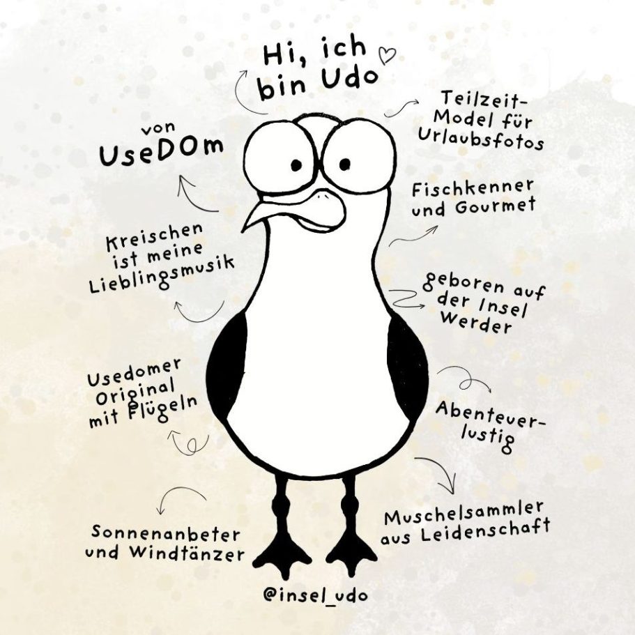 Udo, die Möwe Zeichnung eines Pinguins namens Udo mit persönlichen Vorlieben und Eigenschaften.