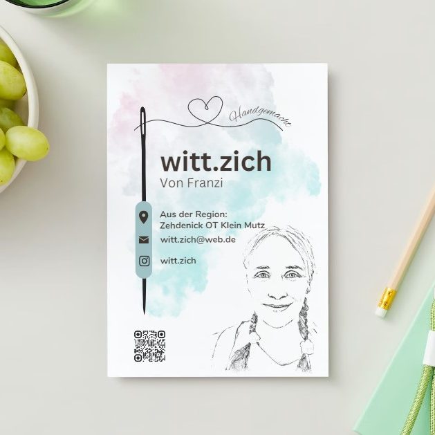 Flyer einer DIY-Handarbeit Flyer mit Name, Kontaktinformationen und skizzenhaftem Porträt.